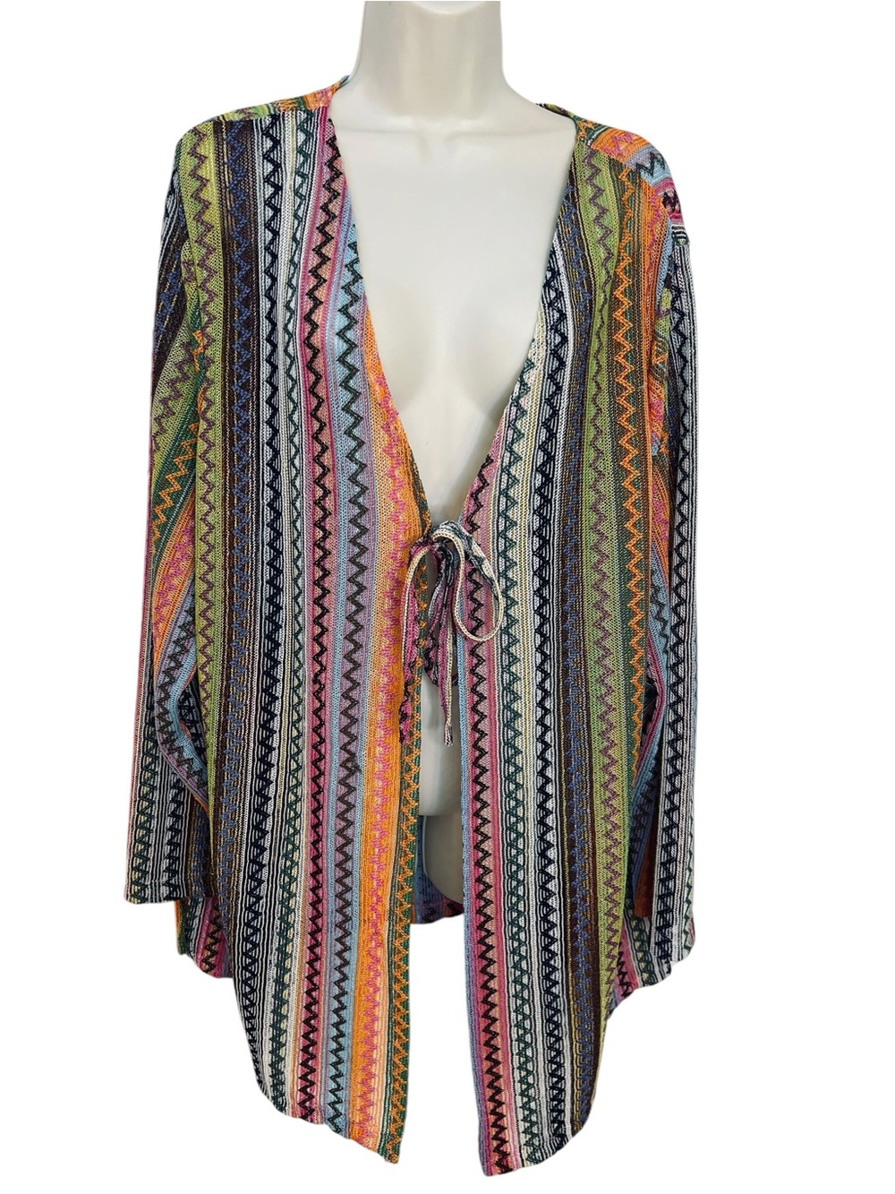 CM Shapes Multicolor Striped Open Front Tie Cardigan size 0X Bohemian Wrap